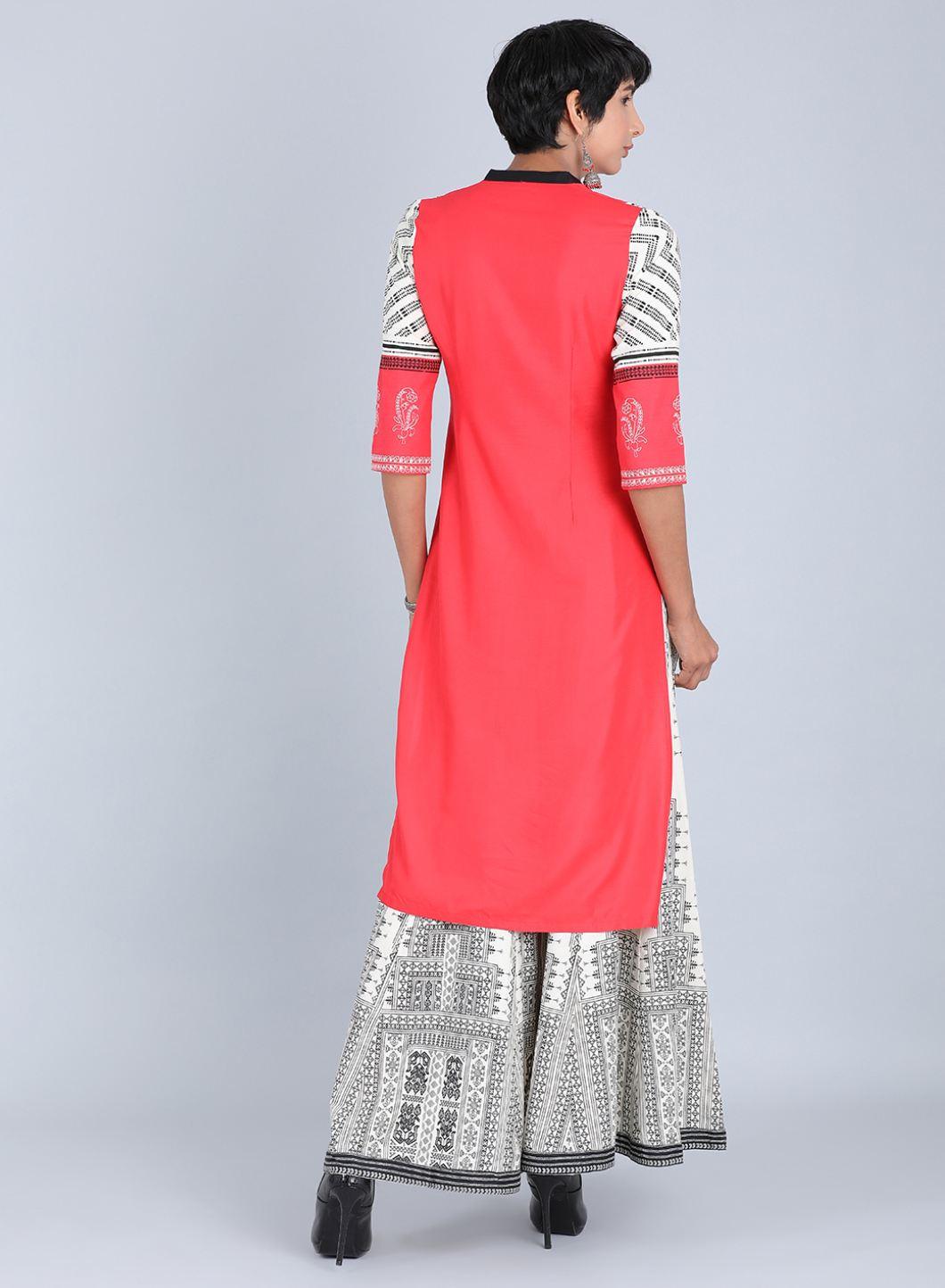 Red Mandarin Neck Printed kurta - wforwoman