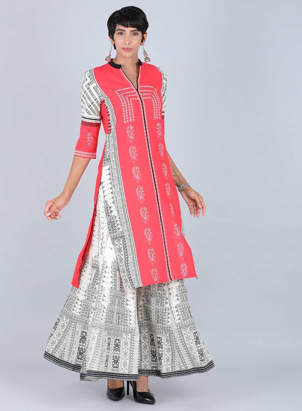 Red Mandarin Neck Printed kurta - wforwoman