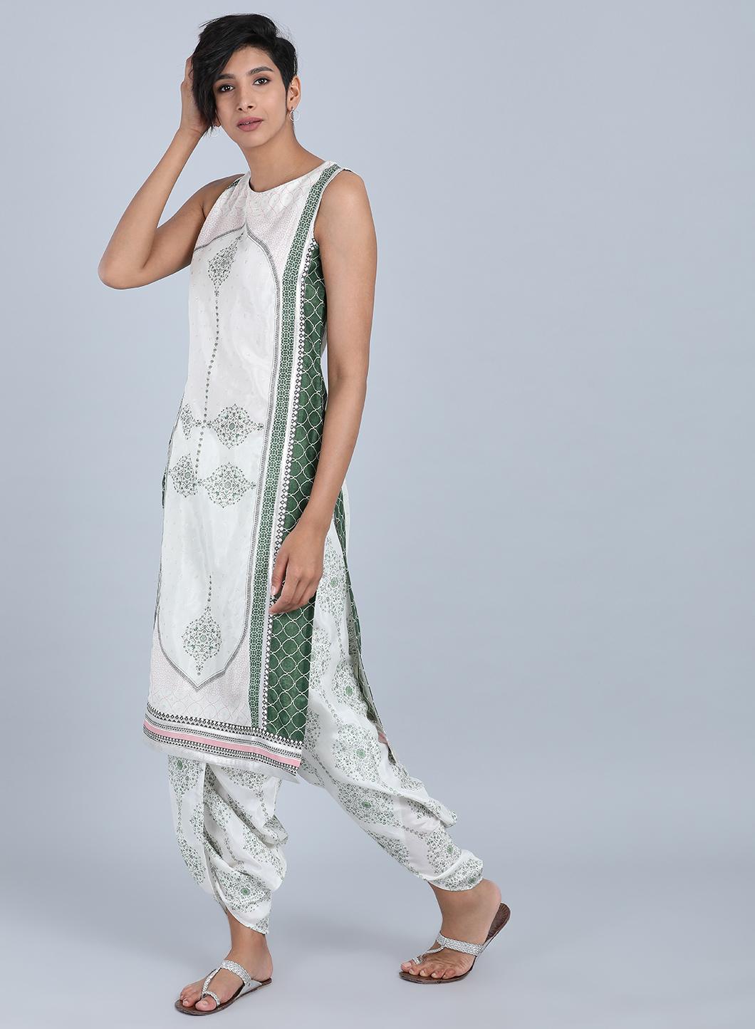 White Round Neck Printed kurta