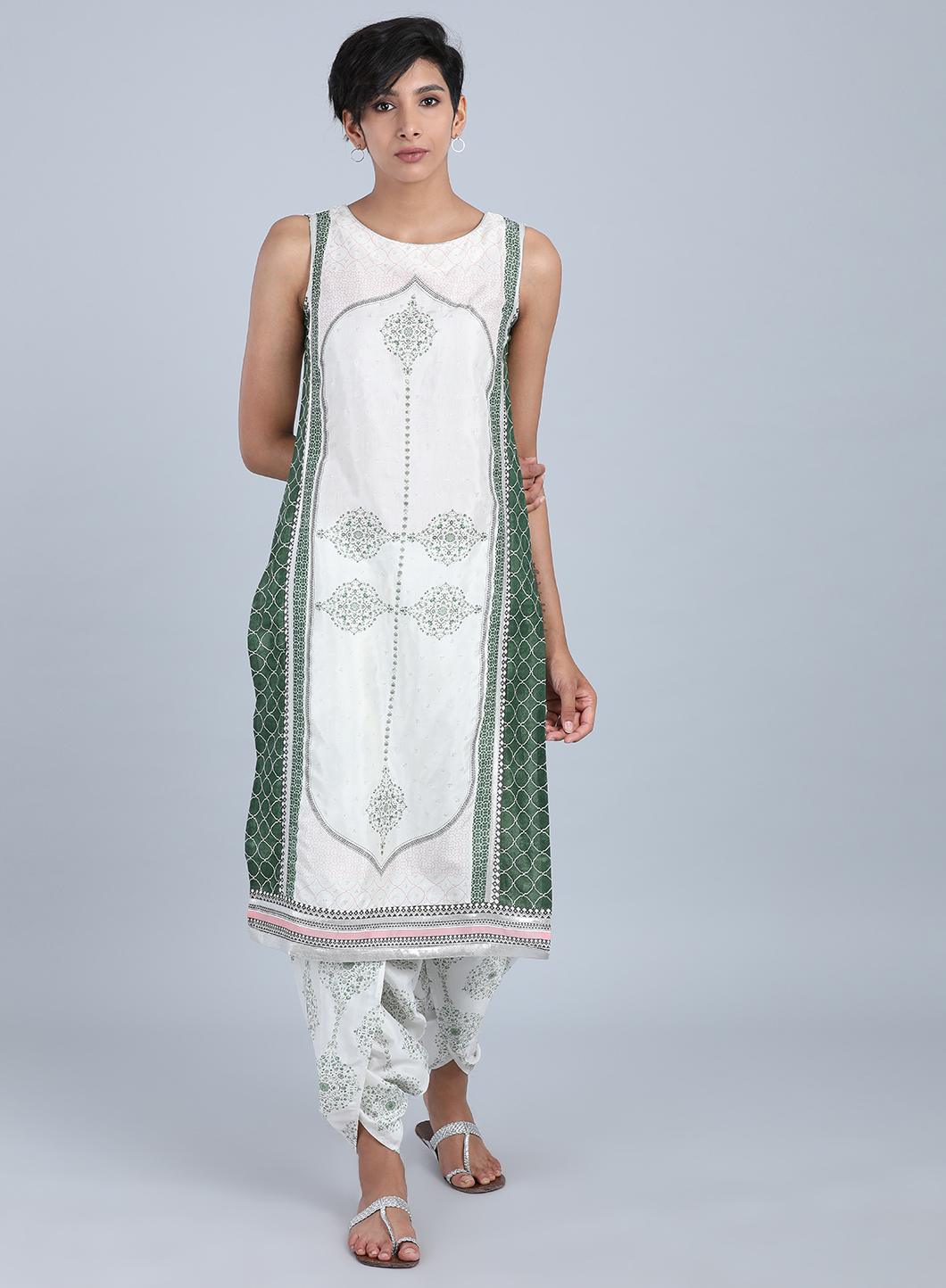 White Round Neck Printed kurta