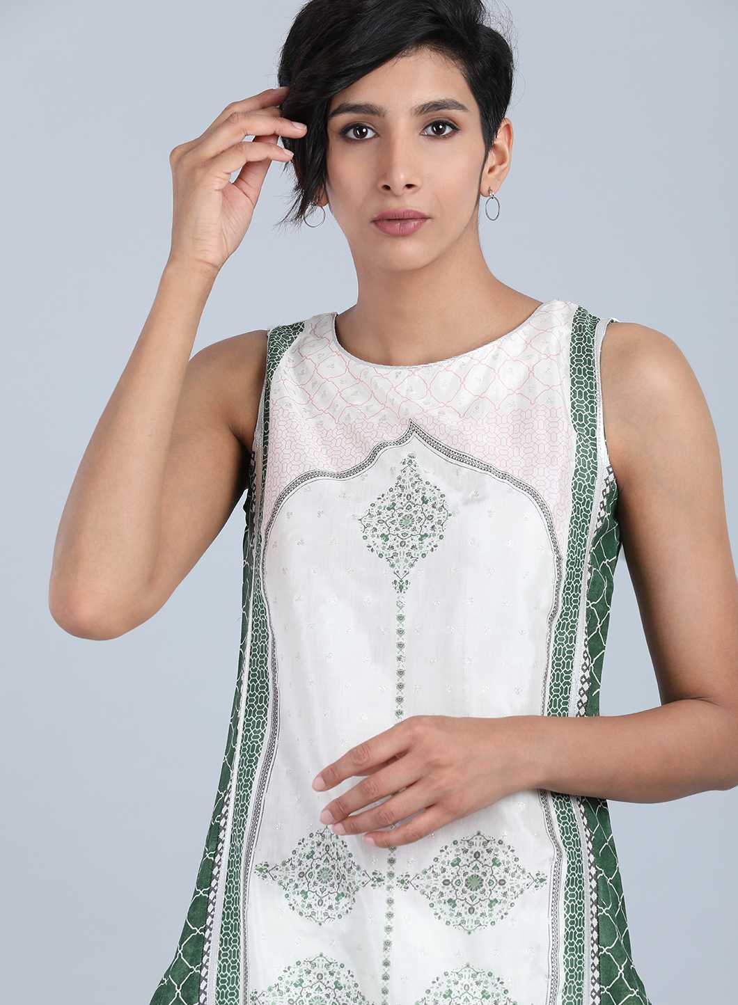 White Round Neck Printed kurta