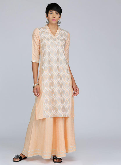 Peach V Neck Embellished kurta - wforwoman