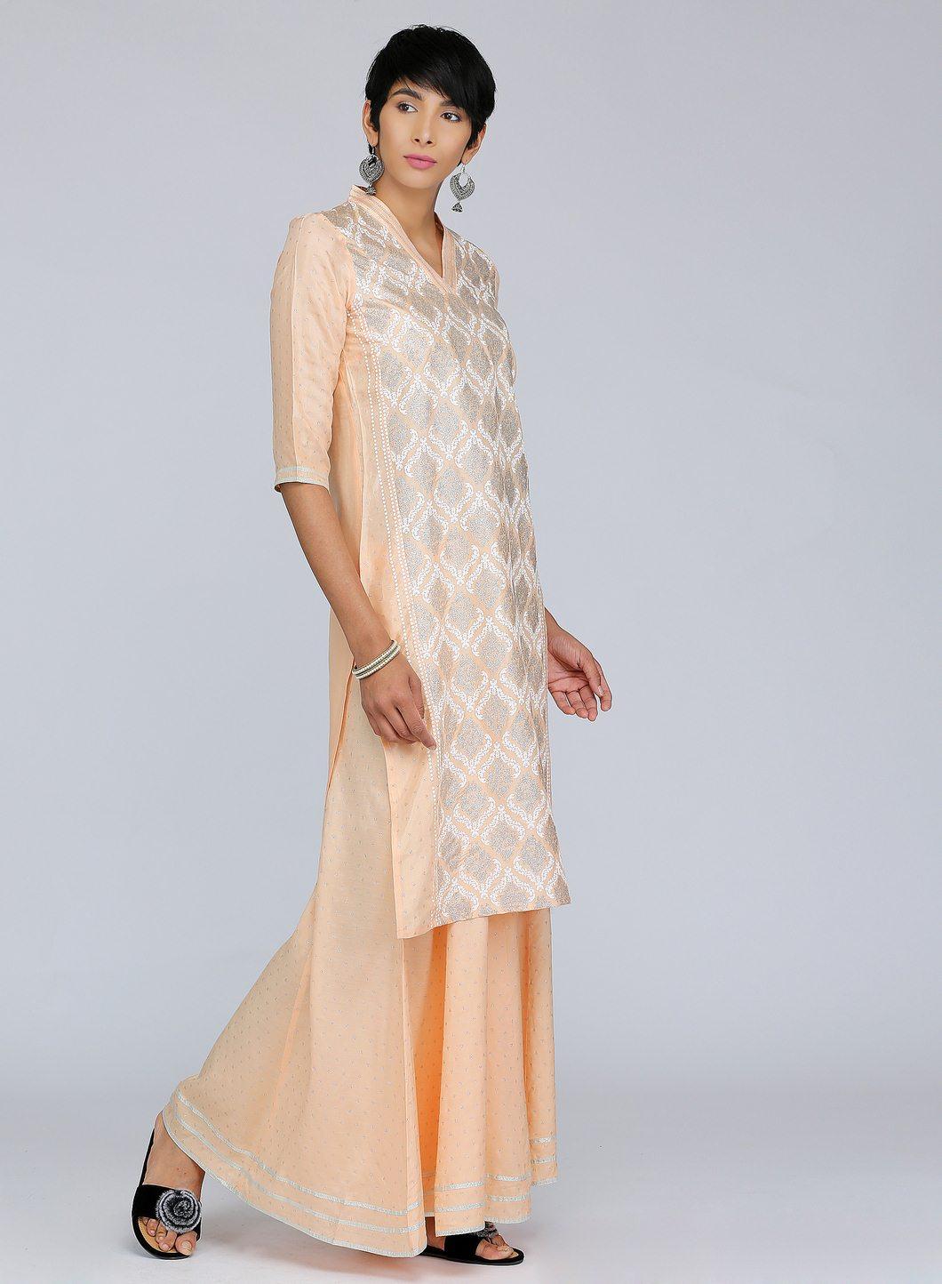 Peach V Neck Embellished kurta - wforwoman