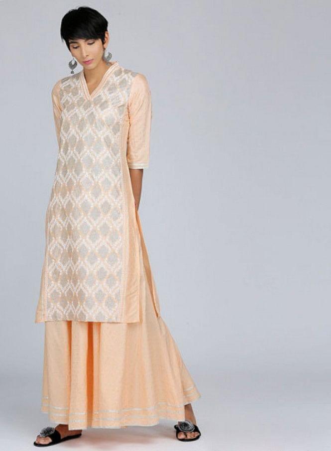 Peach V Neck Embellished kurta - wforwoman