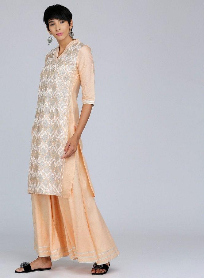 Peach V Neck Embellished kurta - wforwoman