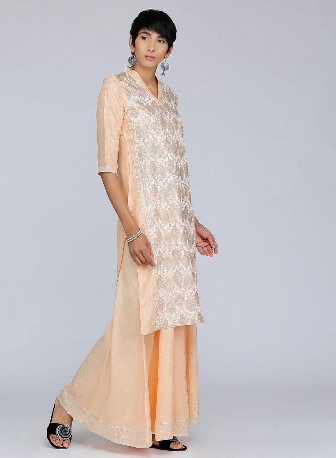 Peach V Neck Embellished kurta - wforwoman