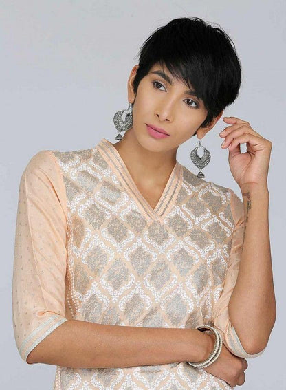 Peach V Neck Embellished kurta - wforwoman