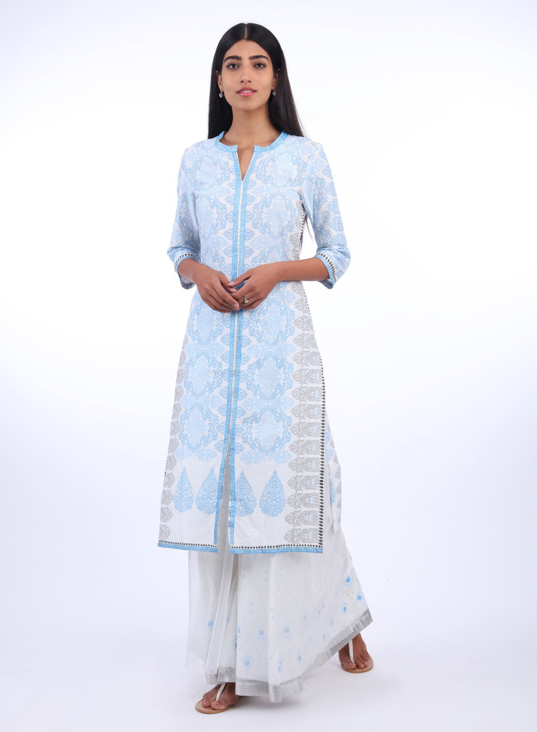 Blue Round Neck Printed kurta