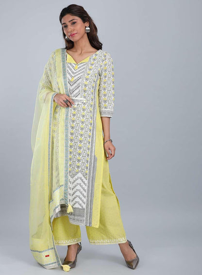 White &amp; Yellow Round Neck kurta - wforwoman