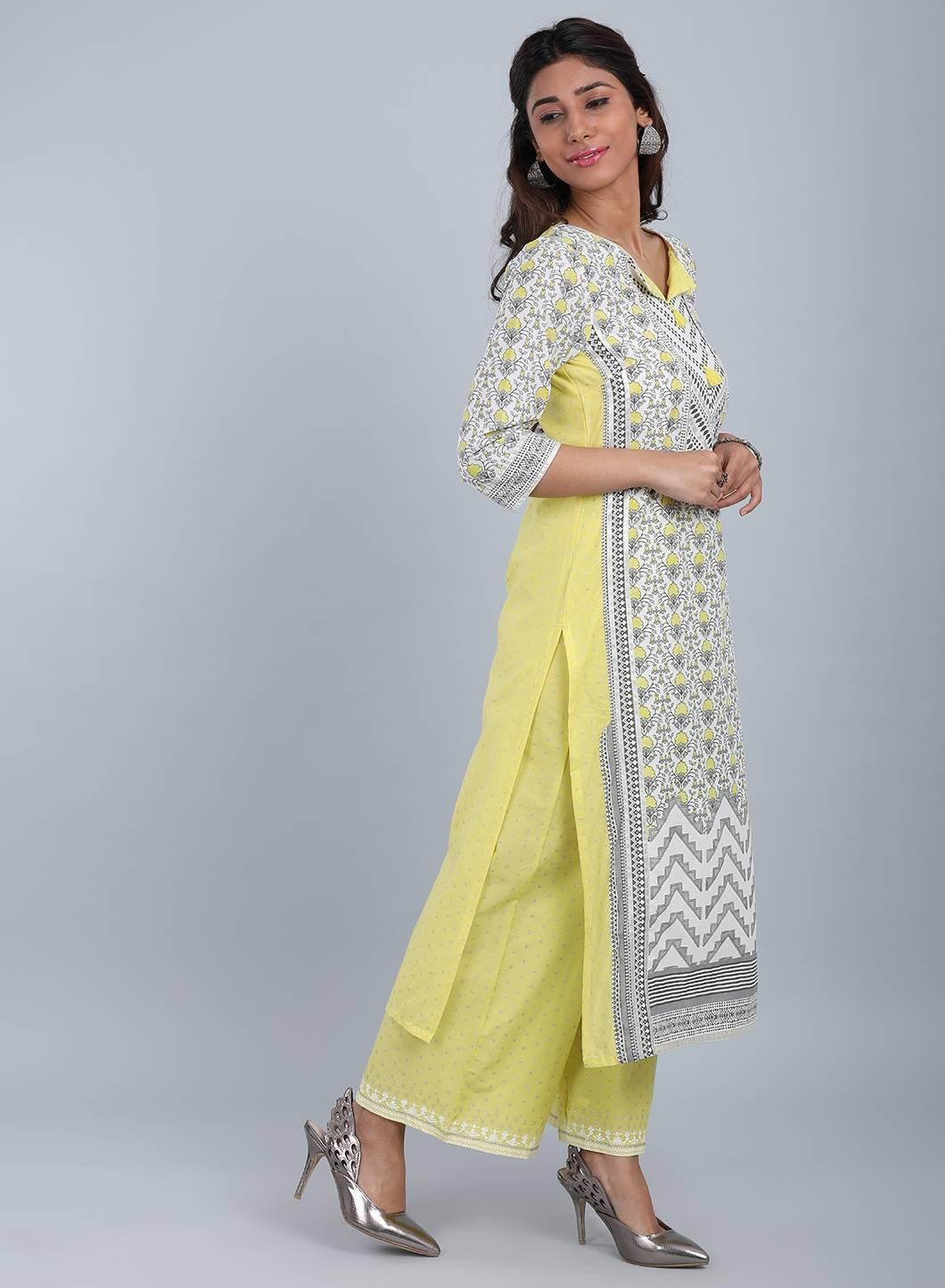 White &amp; Yellow Round Neck kurta - wforwoman