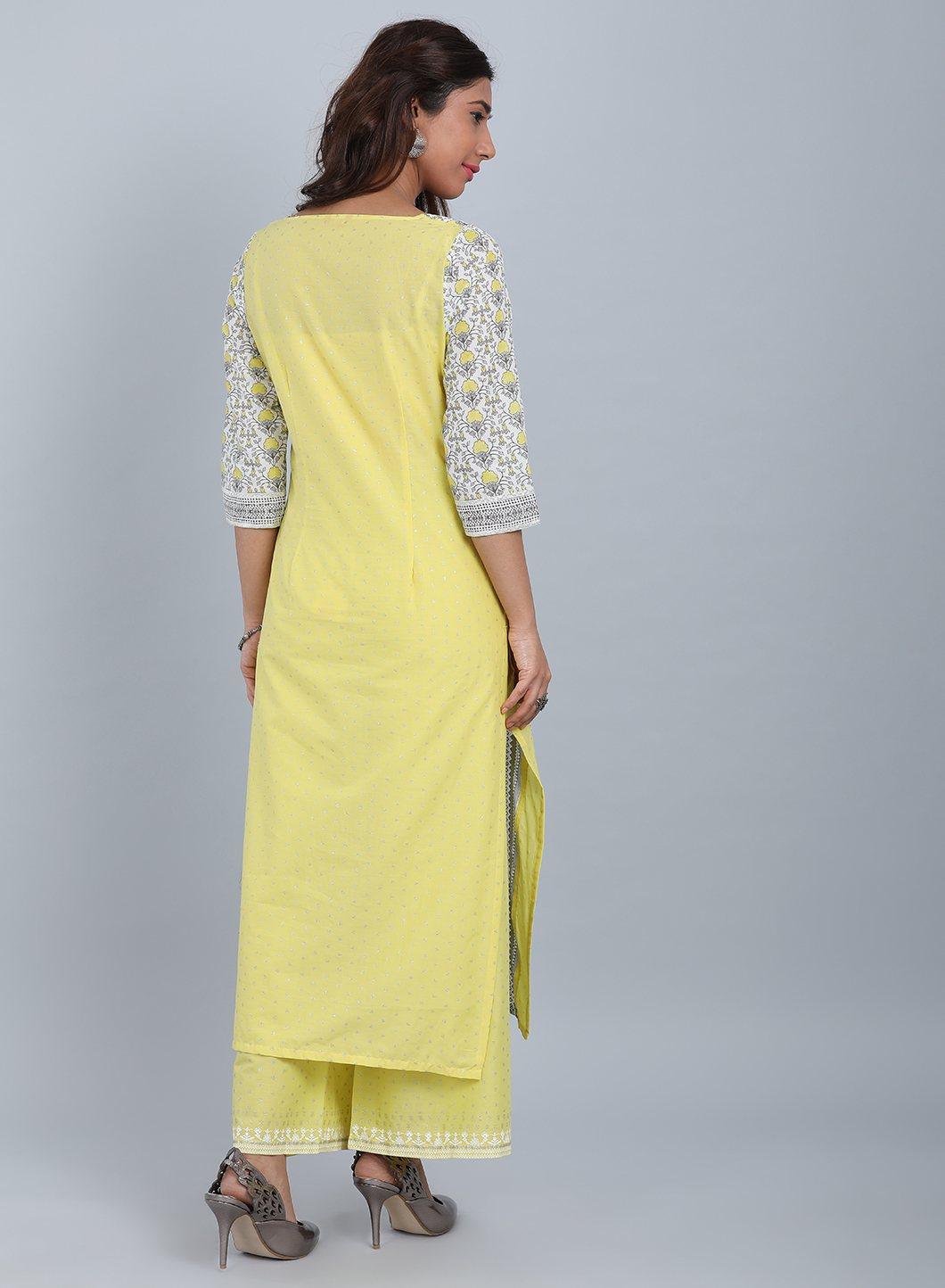 White &amp; Yellow Round Neck kurta - wforwoman