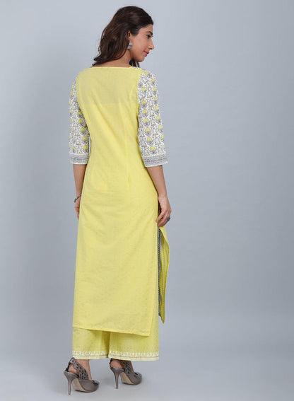 White &amp; Yellow Round Neck kurta - wforwoman