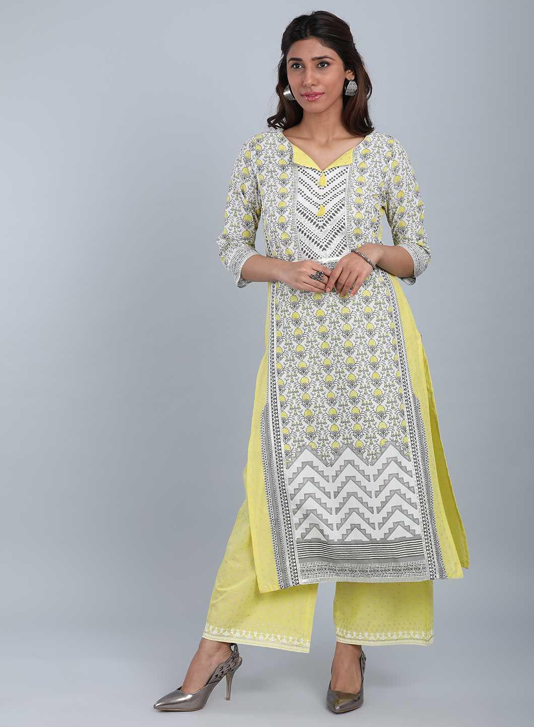 White &amp; Yellow Round Neck kurta - wforwoman