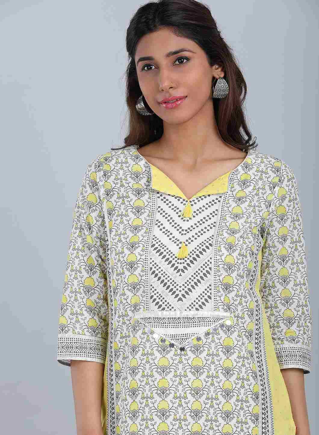 White &amp; Yellow Round Neck kurta - wforwoman