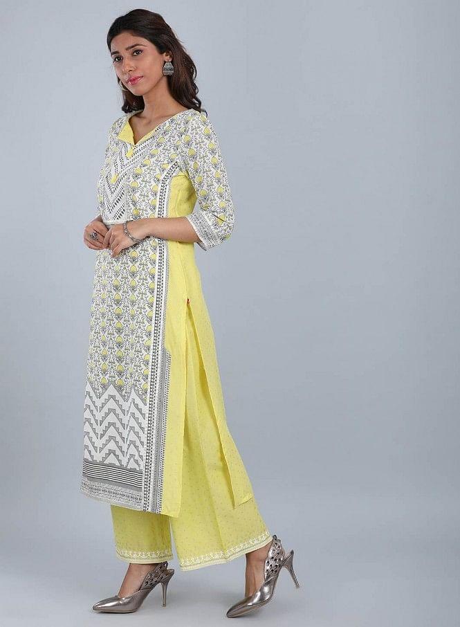 White &amp; Yellow Round Neck kurta - wforwoman