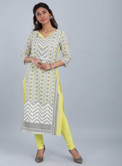 White &amp; Yellow Round Neck kurta - wforwoman