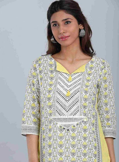 White &amp; Yellow Round Neck kurta - wforwoman