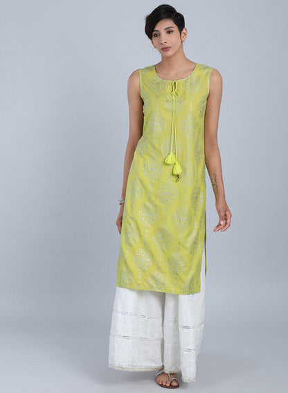 Green Round Neck Printed kurta - wforwoman