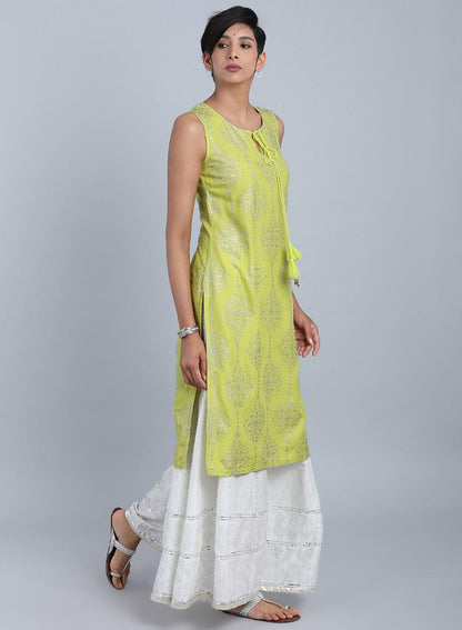 Green Round Neck Printed kurta - wforwoman