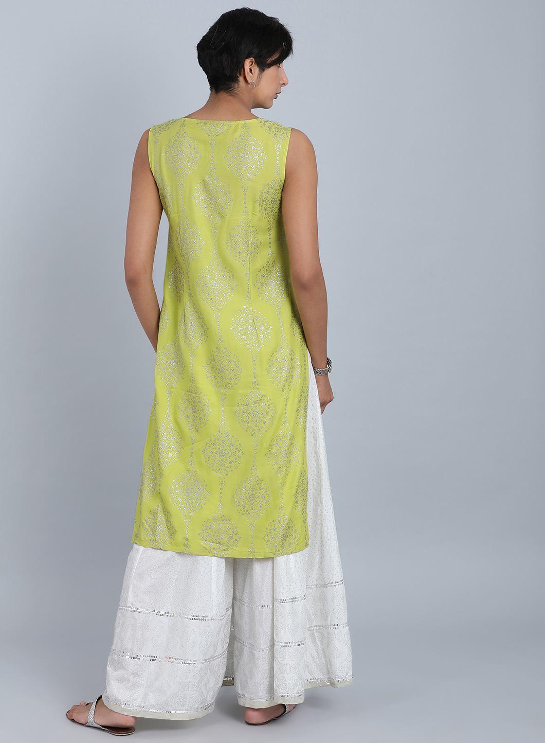 Green Round Neck Printed kurta - wforwoman