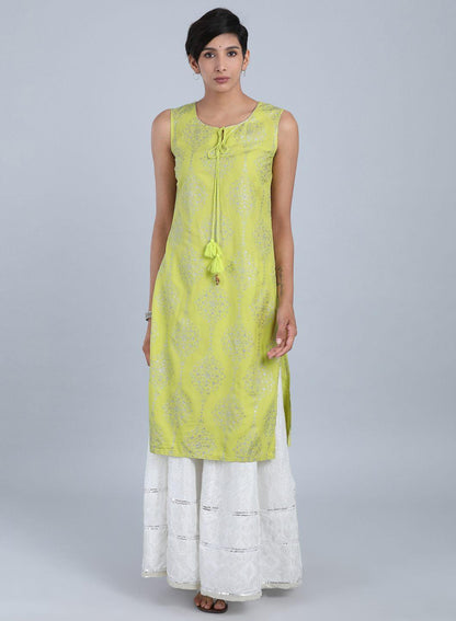 Green Round Neck Printed kurta - wforwoman