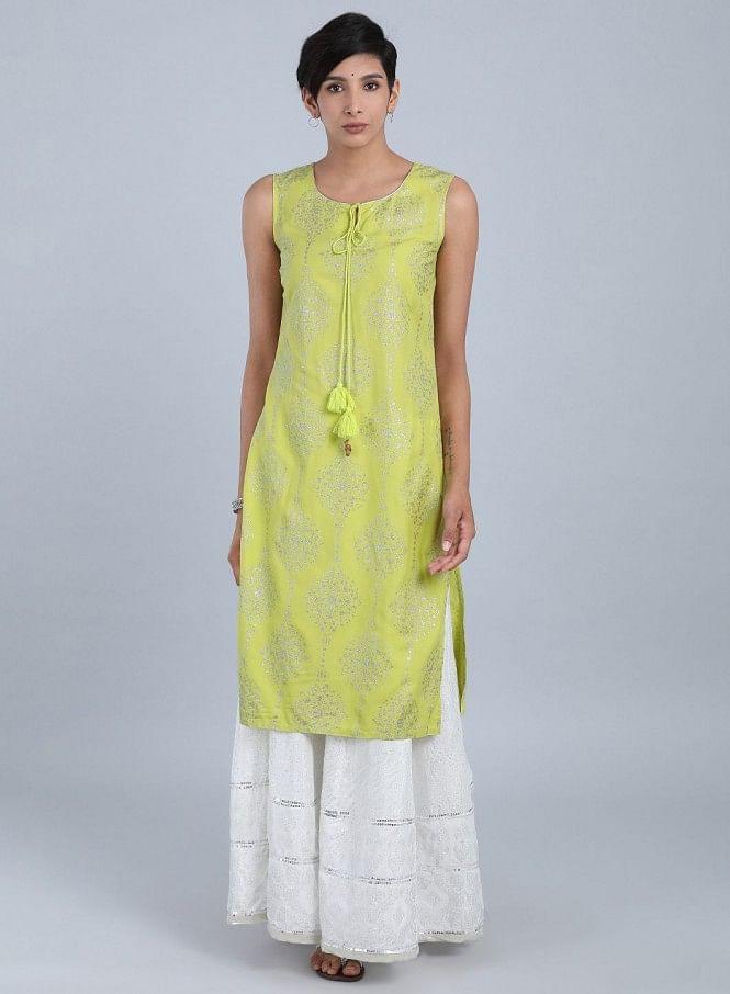 Green Round Neck Printed kurta - wforwoman