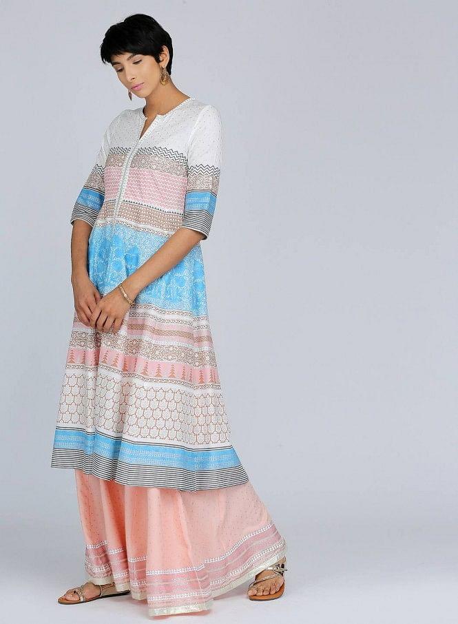 White Mandarin Neck Printed kurta - wforwoman