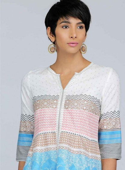 White Mandarin Neck Printed kurta - wforwoman