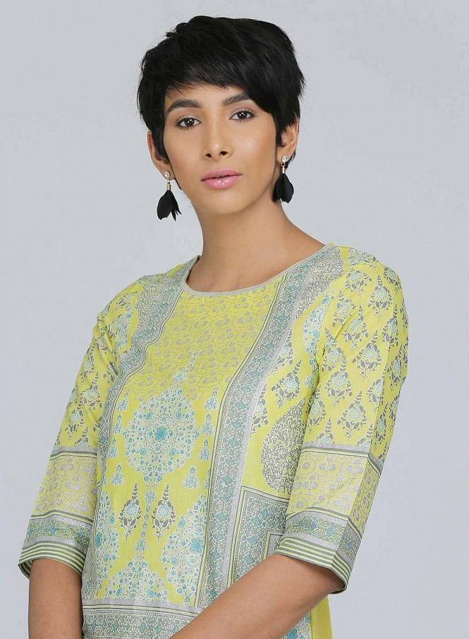 Green Round Neck Printed kurta - wforwoman