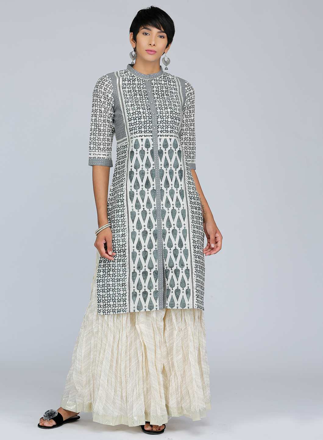 Grey Mandarin Neck Printed kurta