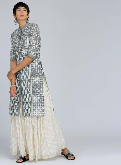 Grey Mandarin Neck Printed kurta