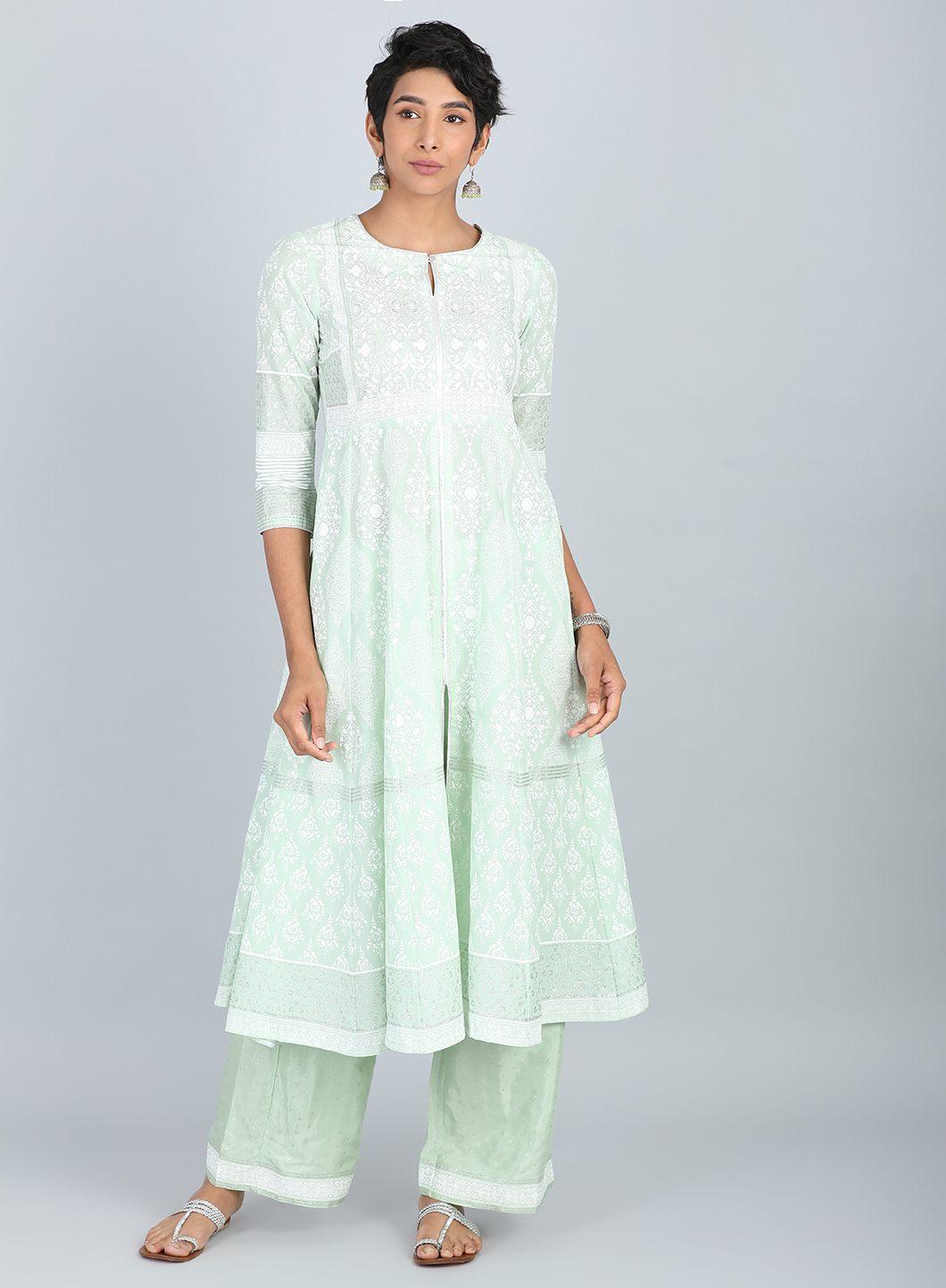 Green Round Neck Printed kurta - wforwoman