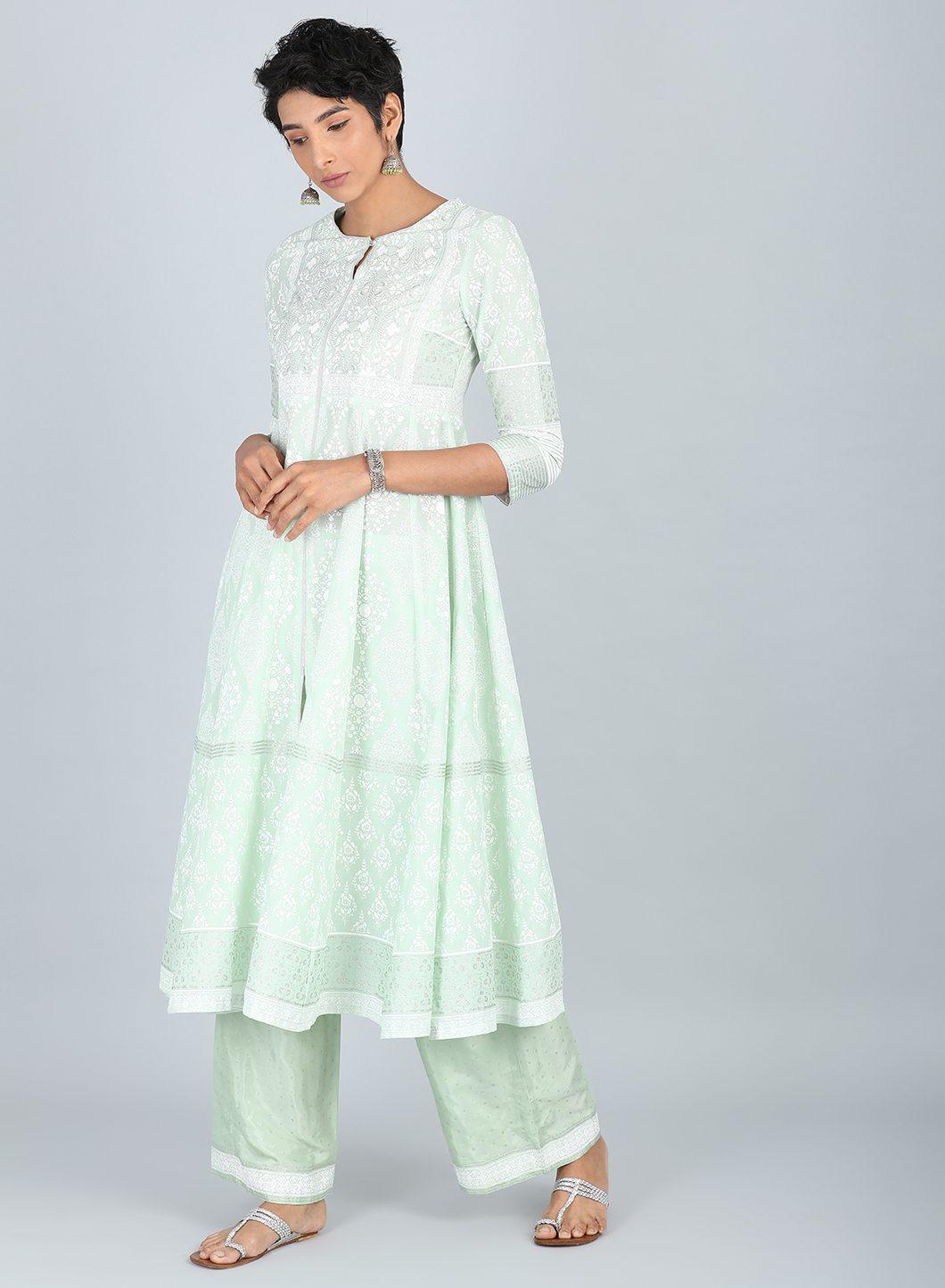 Green Round Neck Printed kurta - wforwoman