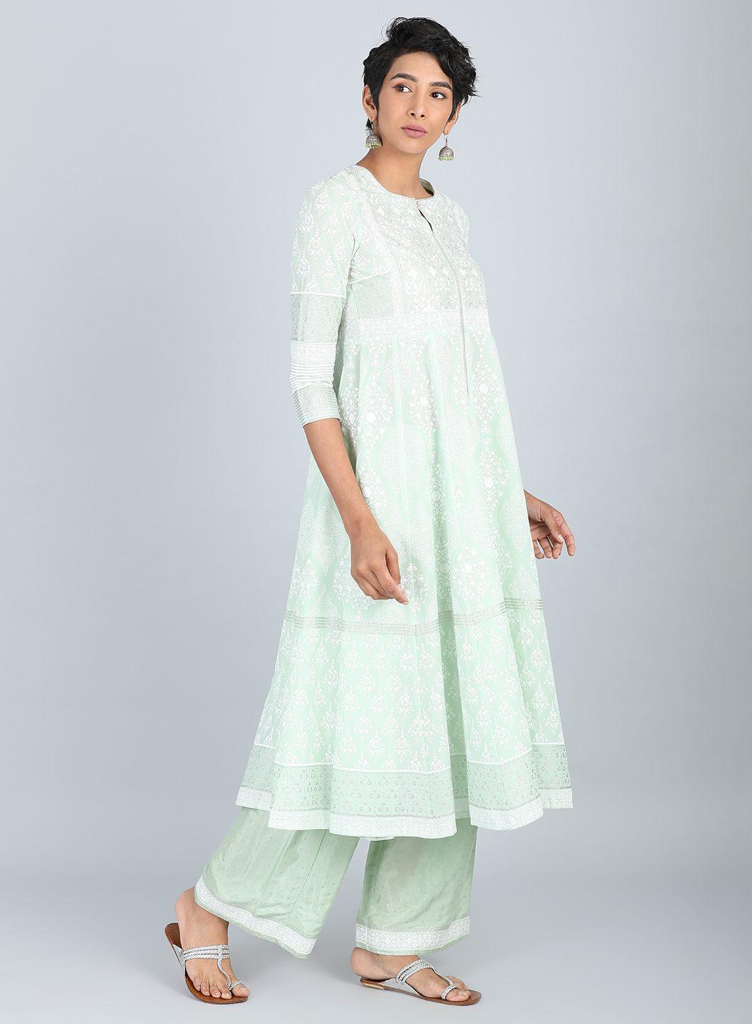 Green Round Neck Printed kurta - wforwoman