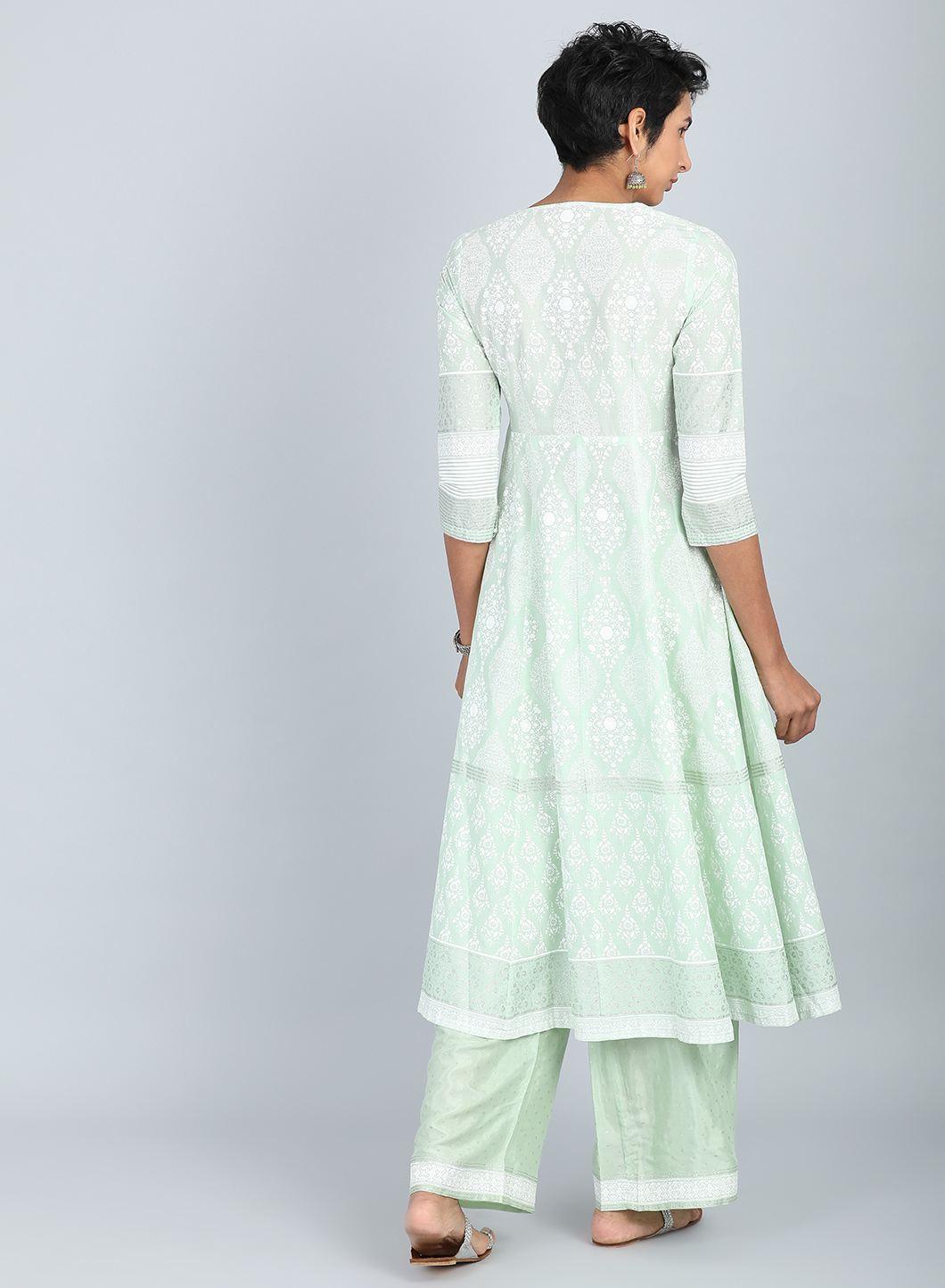 Green Round Neck Printed kurta - wforwoman