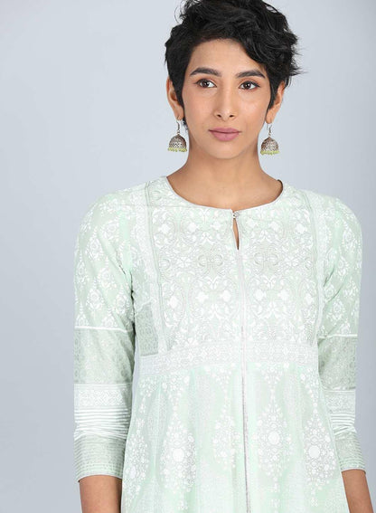 Green Round Neck Printed kurta - wforwoman