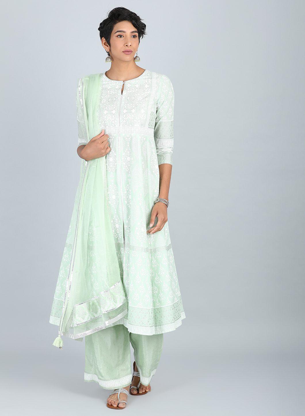 Green Round Neck Printed kurta - wforwoman