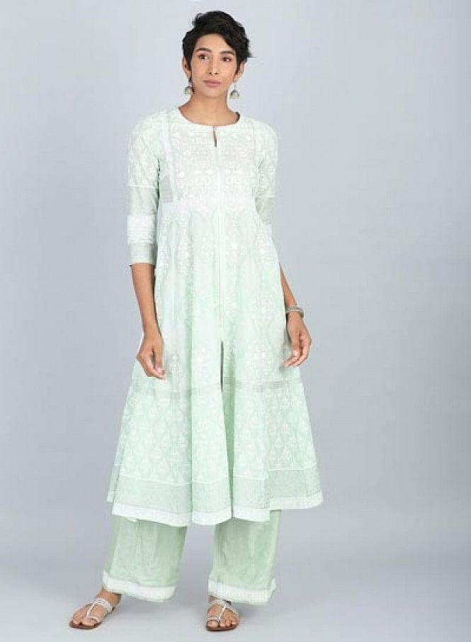 Green Round Neck Printed kurta - wforwoman