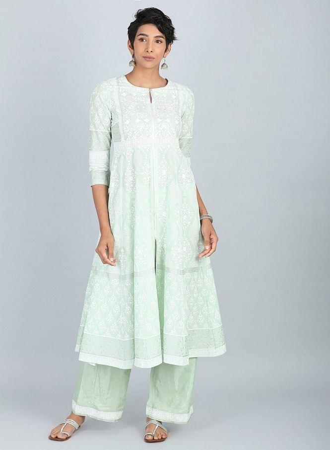 Green Round Neck Printed kurta - wforwoman