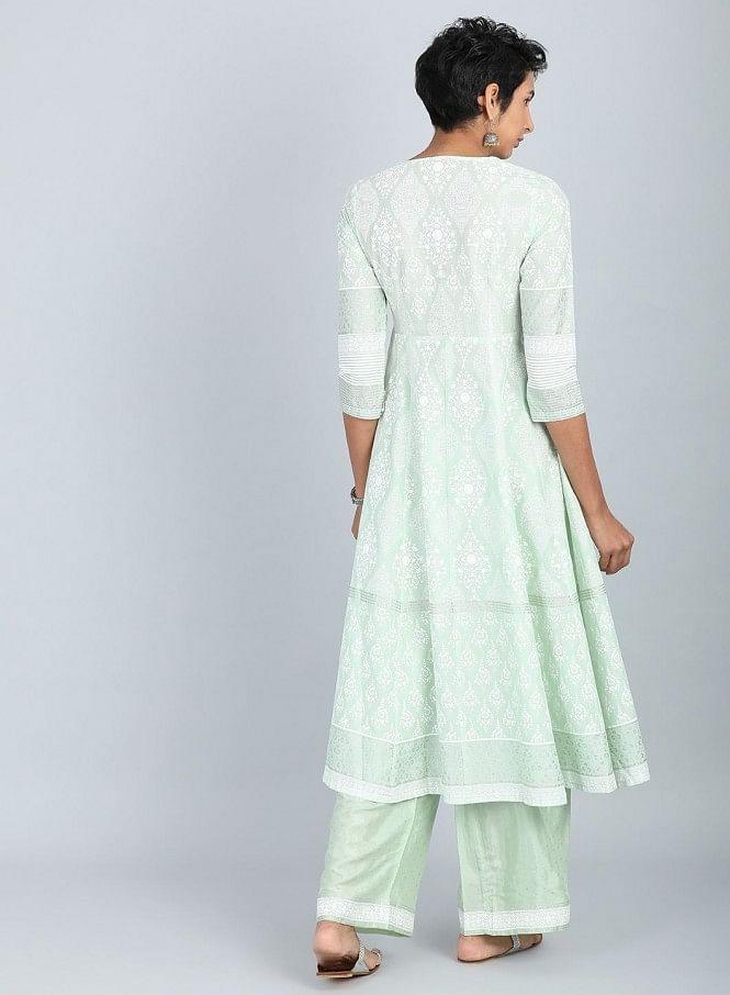 Green Round Neck Printed kurta - wforwoman