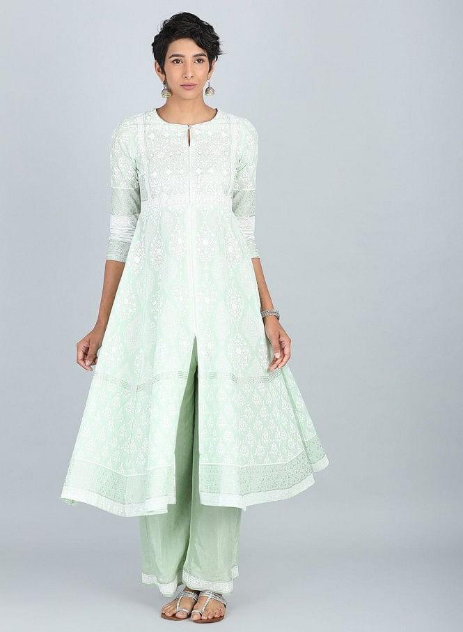 Green Round Neck Printed kurta - wforwoman