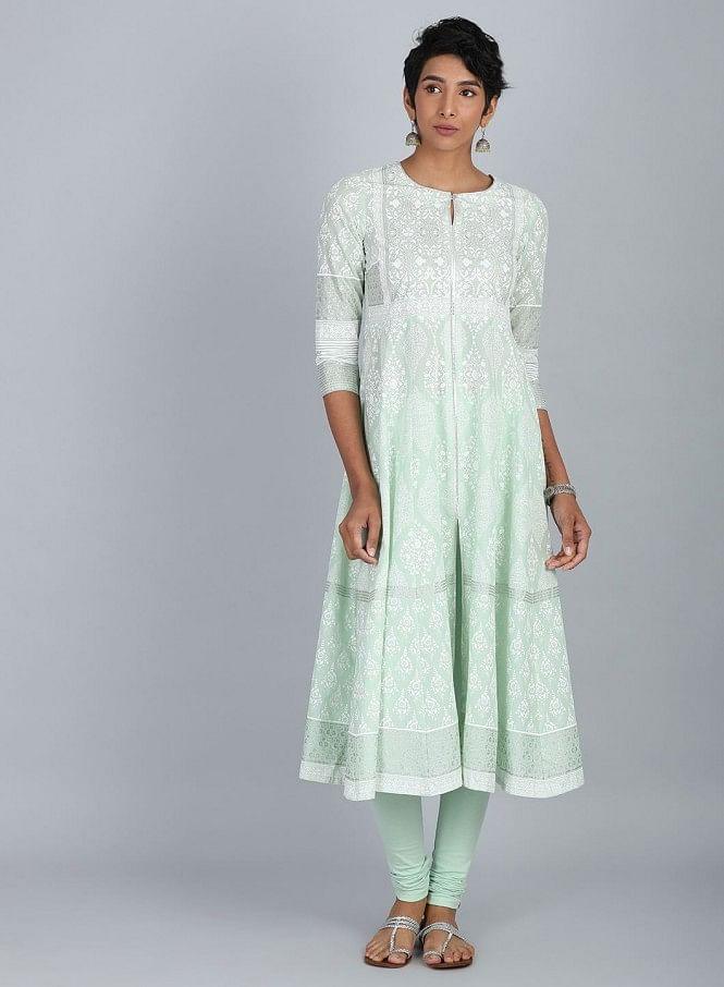 Green Round Neck Printed kurta - wforwoman