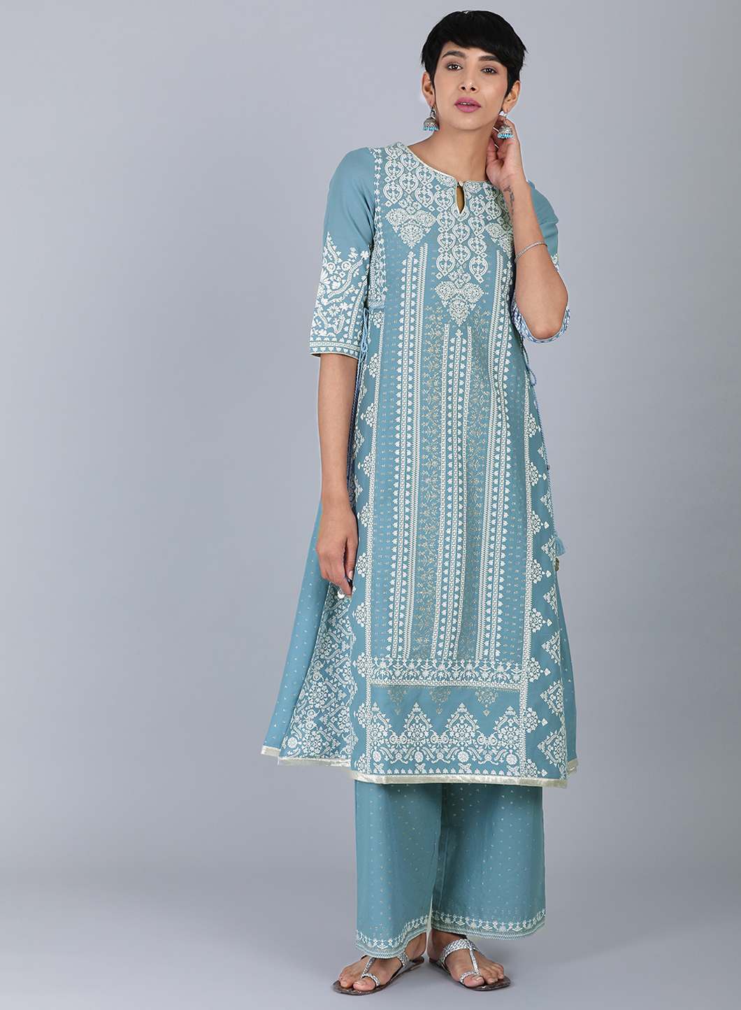 Blue Round Neck Printed kurta