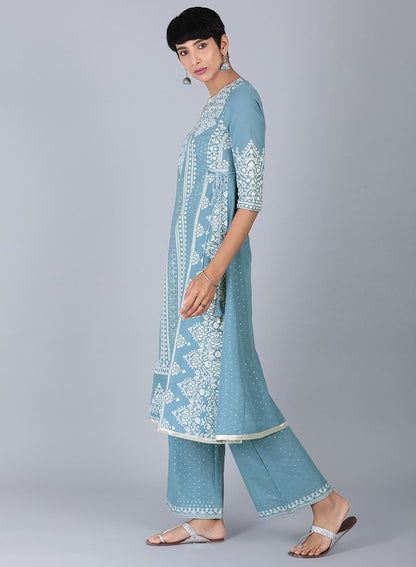 Blue Round Neck Printed kurta