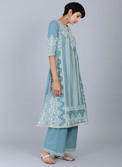 Blue Round Neck Printed kurta