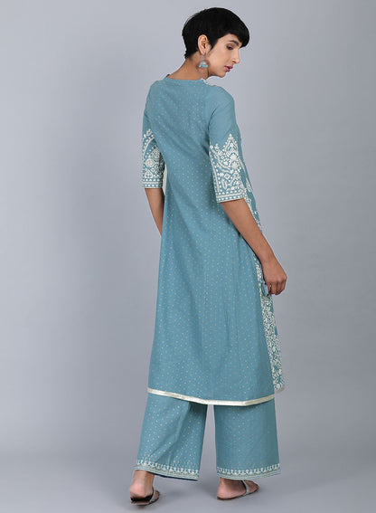 Blue Round Neck Printed kurta