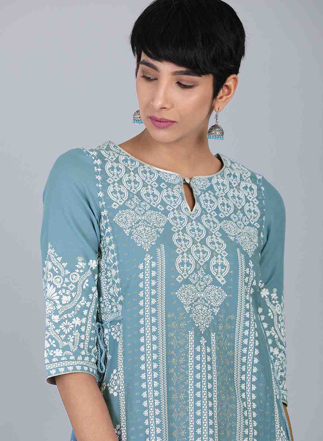 Blue Round Neck Printed kurta