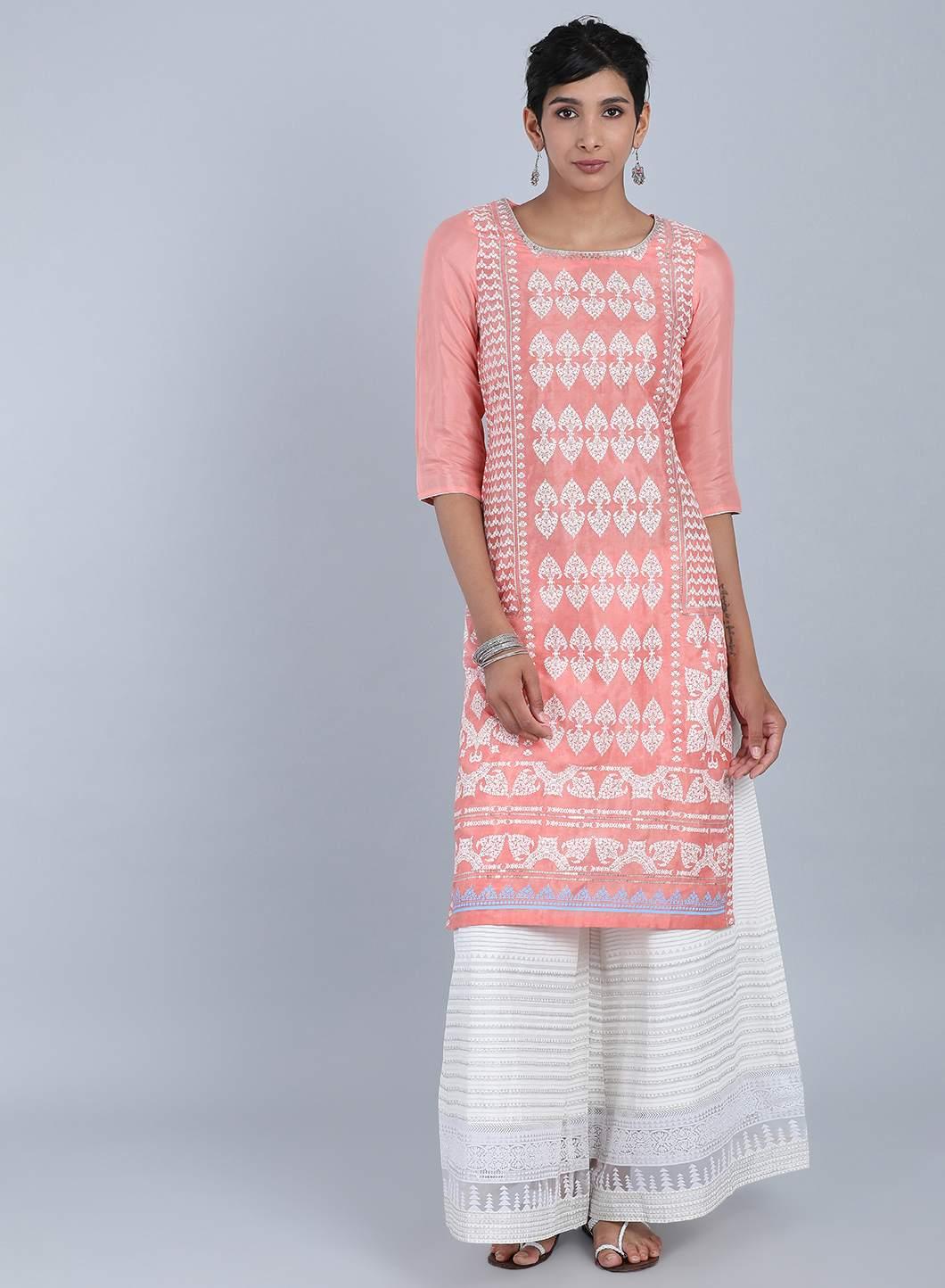 Pink Round Neck Printed kurta - wforwoman