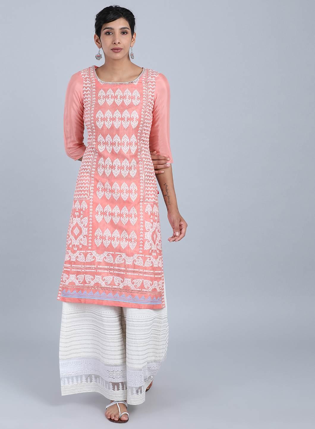 Pink Round Neck Printed kurta - wforwoman