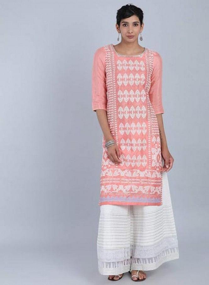 Pink Round Neck Printed kurta - wforwoman